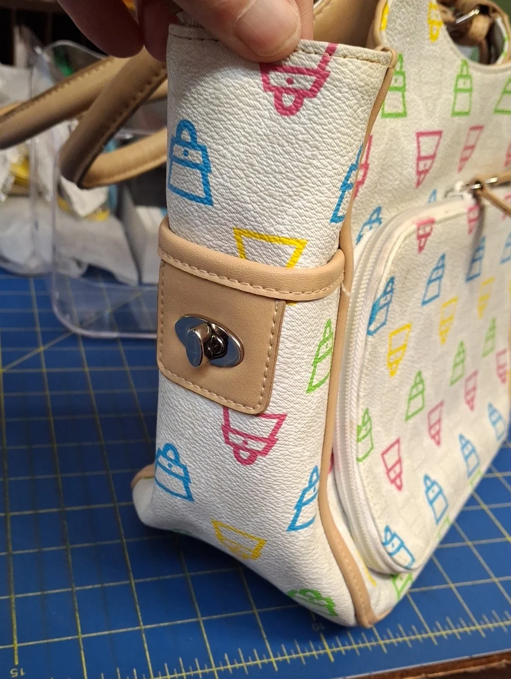 Kathy Van Zeeland Y2K Multicolor Patterned Tote Bag Tan Handles